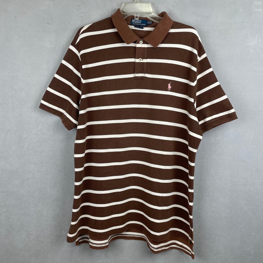 VTG 90s Polo Ralph Lauren XXL Custom Fit Brown Pink Pony Striped S/S Polo Shirt